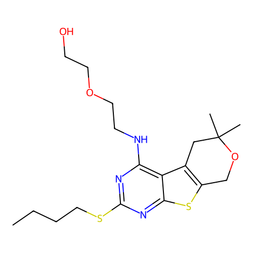 2-(2-((2-(butylthio)-6,6-dimethyl-6,8-dihydro-5H-pyrano[4',3':4,5]thieno[2,3-d]pyrimidin-4-yl)amino)ethoxy)ethanol structure