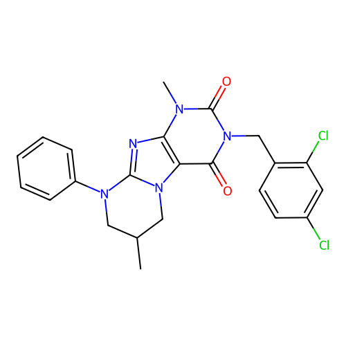3-(2,4-dichlorobenzyl)-1,7-dimethyl-9-phenyl-6,7,8,9-tetrahydropyrimido[2,1-f]purine-2,4(1H,3H)-dione structure