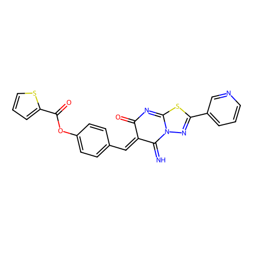 (Z)-4-((5-imino-7-oxo-2-(pyridin-3-yl)-5H-[1,3,4]thiadiazolo[3,2-a]pyrimidin-6(7H)-ylidene)methyl)phenyl thiophene-2-carboxylate structure