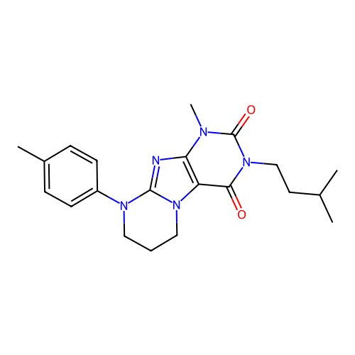 1-methyl-3-(3-methylbutyl)-9-(4-methylphenyl)-1H,2H,3H,4H,6H,7H,8H,9H-pyrimido[1,2-g]purine-2,4-dione structure