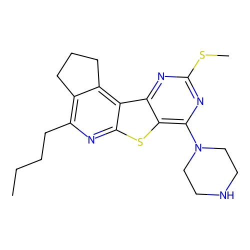 4-butyl-9-(methylsulfanyl)-7-(piperazin-1-yl)-2,3-dihydro-1H-cyclopenta[4',5']pyrido[3',2':4,5]thieno[3,2-d]pyrimidine structure