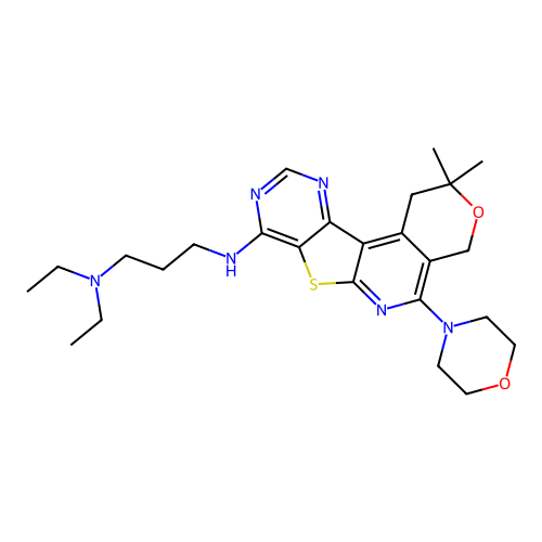 N'-[2,2-dimethyl-5-(morpholin-4-yl)-1,4-dihydro-2H-pyrano[4'',3'':4',5']pyrido[3',2':4,5]thieno[3,2-d]pyrimidin-8-yl]-N,N-diethylpropane-1,3-diamine structure