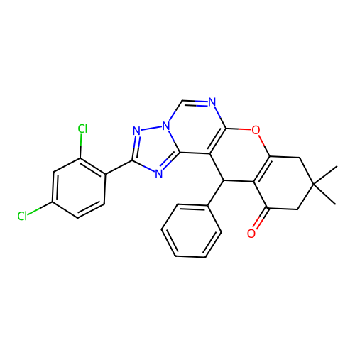 2-(2,4-dichlorophenyl)-9,9-dimethyl-12-phenyl-8,9,10,12-tetrahydro-11H-chromeno[3,2-e][1,2,4]triazolo[1,5-c]pyrimidin-11-one structure