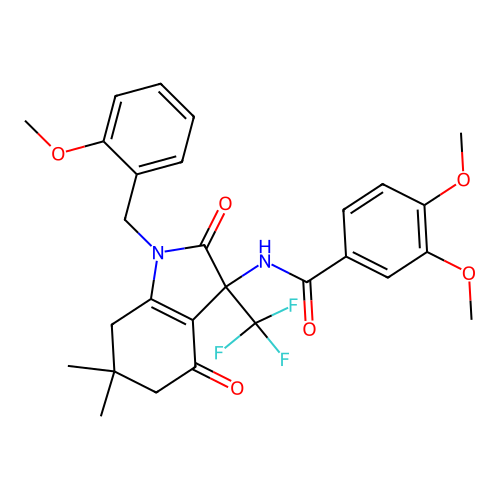 3,4-dimethoxy-N-(1-(2-methoxybenzyl)-6,6-dimethyl-2,4-dioxo-3-(trifluoromethyl)-2,3,4,5,6,7-hexahydro-1H-indol-3-yl)benzamide structure