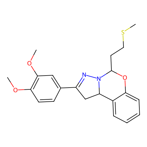 2-(3,4-dimethoxyphenyl)-5-(2-(methylthio)ethyl)-5,10b-dihydro-1H-benzo[e]pyrazolo[1,5-c][1,3]oxazine structure