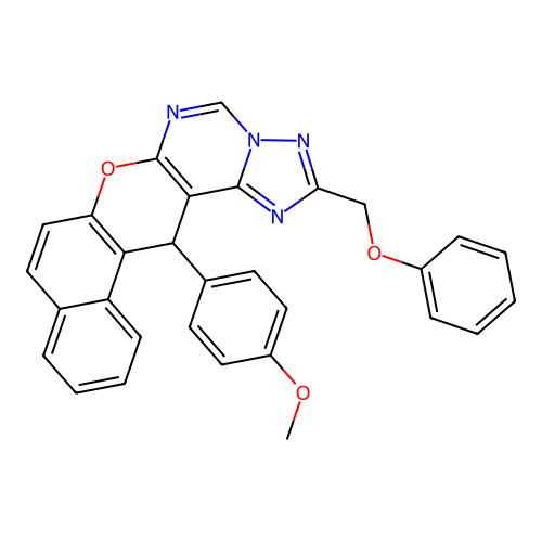 14-(4-methoxyphenyl)-2-(phenoxymethyl)-14H-benzo[5,6]chromeno[3,2-e][1,2,4]triazolo[1,5-c]pyrimidine structure