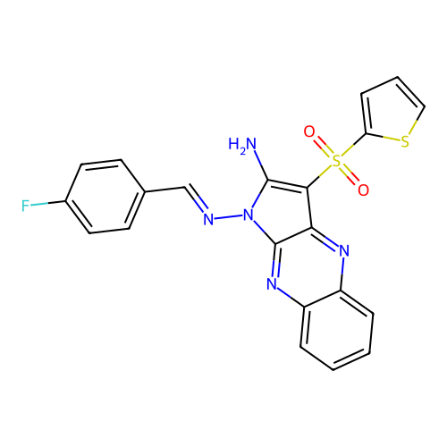 (E)-N1-(4-fluorobenzylidene)-3-(thiophen-2-ylsulfonyl)-1H-pyrrolo[2,3-b]quinoxaline-1,2-diamine structure