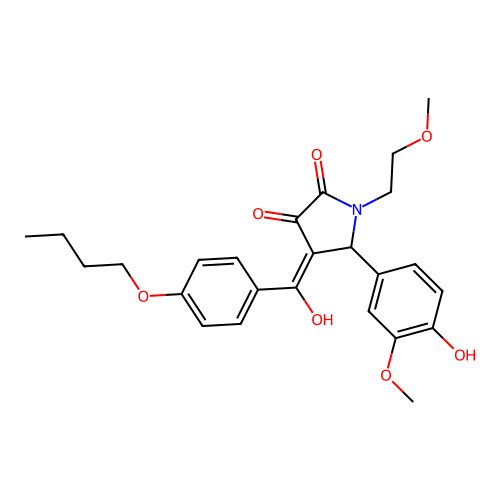 (4E)-4-[(4-butoxyphenyl)(hydroxy)methylidene]-5-(4-hydroxy-3-methoxyphenyl)-1-(2-methoxyethyl)pyrrolidine-2,3-dione structure