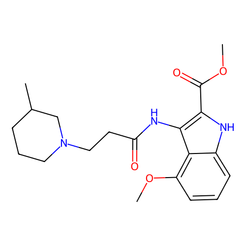 methyl 4-methoxy-3-(3-(3-methylpiperidin-1-yl)propanamido)-1H-indole-2-carboxylate structure