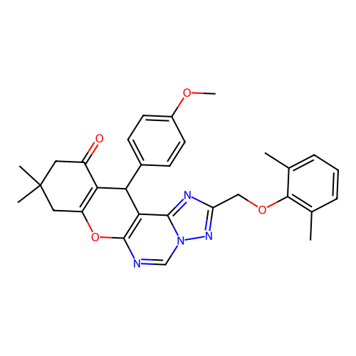2-[(2,6-dimethylphenoxy)methyl]-12-(4-methoxyphenyl)-9,9-dimethyl-8,9,10,12-tetrahydro-11H-chromeno[3,2-e][1,2,4]triazolo[1,5-c]pyrimidin-11-one structure
