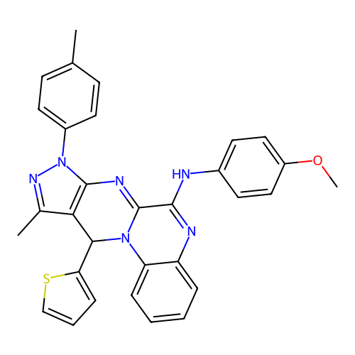 N-(4-methoxyphenyl)-10-methyl-11-(thiophen-2-yl)-8-(p-tolyl)-8,11-dihydropyrazolo[3',4':4,5]pyrimido[1,2-a]quinoxalin-6-amine structure