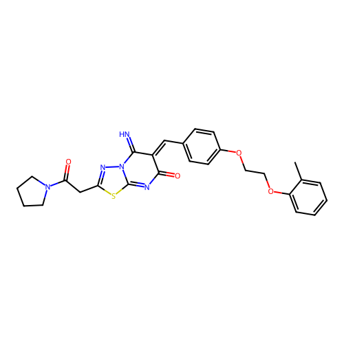 (6Z)-5-imino-6-[[4-[2-(2-methylphenoxy)ethoxy]phenyl]methylidene]-2-(2-oxo-2-pyrrolidin-1-ylethyl)-[1,3,4]thiadiazolo[3,2-a]pyrimidin-7-one structure