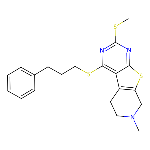 7-methyl-2-(methylsulfanyl)-4-[(3-phenylpropyl)sulfanyl]-5,6,7,8-tetrahydropyrido[4',3':4,5]thieno[2,3-d]pyrimidine structure