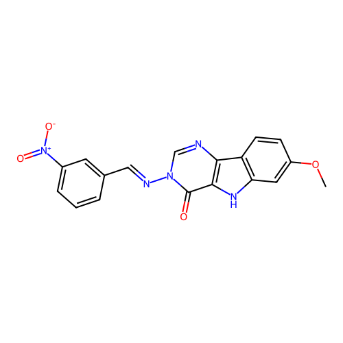 (E)-7-methoxy-3-((3-nitrobenzylidene)amino)-3H-pyrimido[5,4-b]indol-4(5H)-one structure
