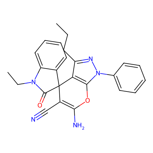 6'-amino-1-ethyl-2-oxo-1'-phenyl-3'-propyl-1,2-dihydro-1'H-spiro[indole-3,4'-pyrano[2,3-c]pyrazole]-5'-carbonitrile structure