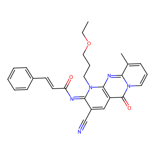 (2E)-N-[(2E)-3-cyano-1-(3-ethoxypropyl)-10-methyl-5-oxo-1,5-dihydro-2H-dipyrido[1,2-a:2',3'-d]pyrimidin-2-ylidene]-3-phenylprop-2-enamide structure