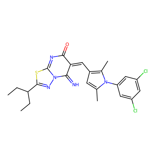 (E)-6-((1-(3,5-dichlorophenyl)-2,5-dimethyl-1H-pyrrol-3-yl)methylene)-5-imino-2-(pentan-3-yl)-5H-[1,3,4]thiadiazolo[3,2-a]pyrimidin-7(6H)-one structure