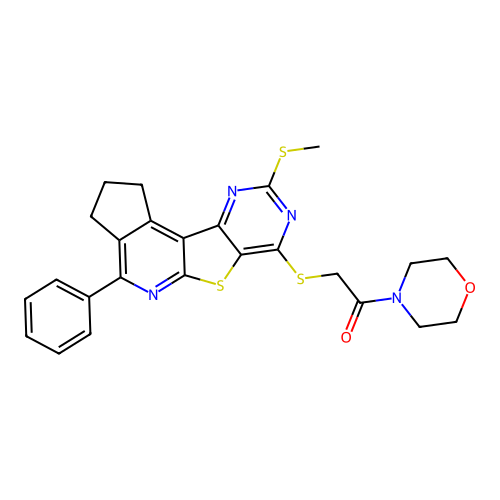 2-((9-(methylthio)-4-phenyl-2,3-dihydro-1H-cyclopenta[4',5']pyrido[3',2':4,5]thieno[3,2-d]pyrimidin-7-yl)thio)-1-morpholinoethanone structure