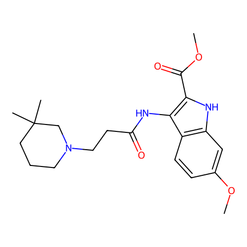 methyl 3-(3-(3,3-dimethylpiperidin-1-yl)propanamido)-6-methoxy-1H-indole-2-carboxylate structure