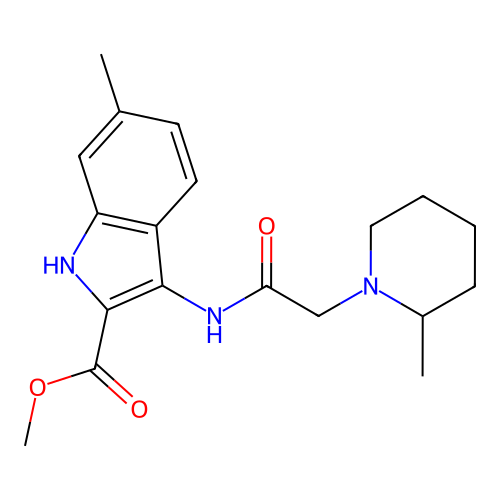 methyl 6-methyl-3-(2-(2-methylpiperidin-1-yl)acetamido)-1H-indole-2-carboxylate structure