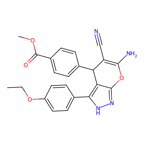 methyl 4-(6-amino-5-cyano-3-(4-ethoxyphenyl)-1,4-dihydropyrano[2,3-c]pyrazol-4-yl)benzoate structure