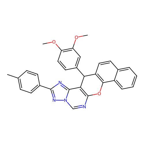 14-(3,4-dimethoxyphenyl)-2-(4-methylphenyl)-14H-benzo[7,8]chromeno[3,2-e][1,2,4]triazolo[1,5-c]pyrimidine structure