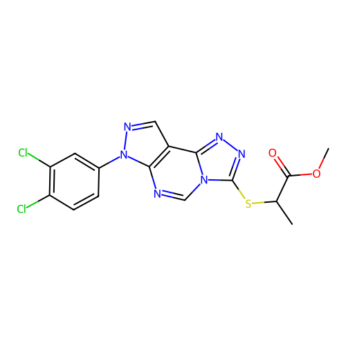 methyl 2-((7-(3,4-dichlorophenyl)-7H-pyrazolo[4,3-e][1,2,4]triazolo[4,3-c]pyrimidin-3-yl)thio)propanoate structure