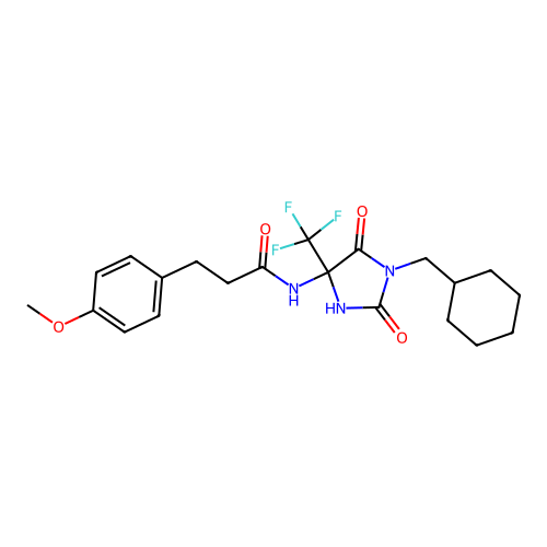 N-(1-(cyclohexylmethyl)-2,5-dioxo-4-(trifluoromethyl)imidazolidin-4-yl)-3-(4-methoxyphenyl)propanamide structure