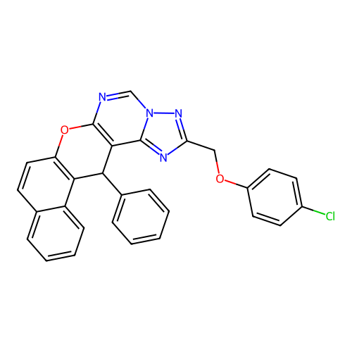 2-[(4-chlorophenoxy)methyl]-14-phenyl-14H-benzo[5,6]chromeno[3,2-e][1,2,4]triazolo[1,5-c]pyrimidine structure