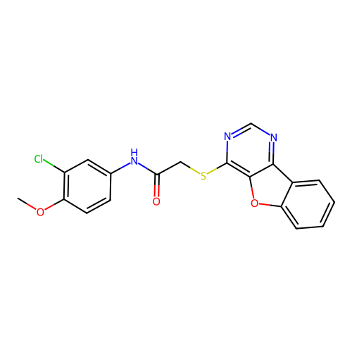 2-([1]benzofuro[3,2-d]pyrimidin-4-ylsulfanyl)-N-(3-chloro-4-methoxyphenyl)acetamide structure