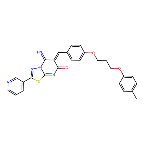 (6Z)-5-imino-6-[[4-[3-(4-methylphenoxy)propoxy]phenyl]methylidene]-2-pyridin-3-yl-[1,3,4]thiadiazolo[3,2-a]pyrimidin-7-one structure