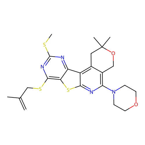2,2-dimethyl-8-((2-methylallyl)thio)-10-(methylthio)-5-morpholino-2,4-dihydro-1H-pyrano[4'',3'':4',5']pyrido[3',2':4,5]thieno[3,2-d]pyrimidine structure