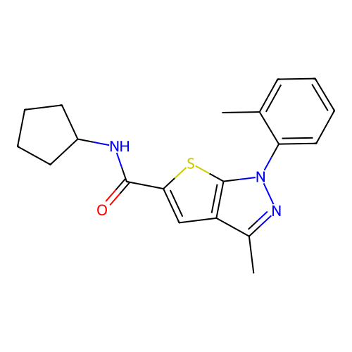 N-cyclopentyl-3-methyl-1-(2-methylphenyl)-1H-thieno[2,3-c]pyrazole-5-carboxamide structure