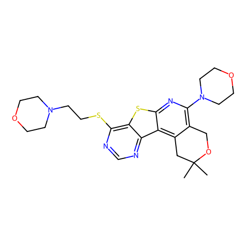 2,2-dimethyl-5-(morpholin-4-yl)-8-{[2-(morpholin-4-yl)ethyl]sulfanyl}-1,4-dihydro-2H-pyrano[4'',3'':4',5']pyrido[3',2':4,5]thieno[3,2-d]pyrimidine structure