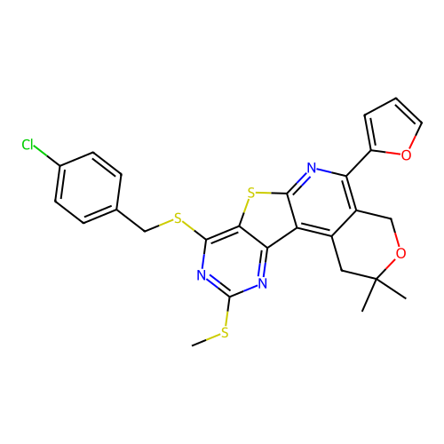 8-((4-chlorobenzyl)thio)-5-(furan-2-yl)-2,2-dimethyl-10-(methylthio)-2,4-dihydro-1H-pyrano[4'',3'':4',5']pyrido[3',2':4,5]thieno[3,2-d]pyrimidine structure