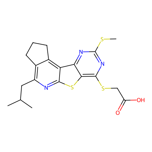 {[4-(2-methylpropyl)-9-(methylsulfanyl)-2,3-dihydro-1H-cyclopenta[4',5']pyrido[3',2':4,5]thieno[3,2-d]pyrimidin-7-yl]sulfanyl}acetic acid structure