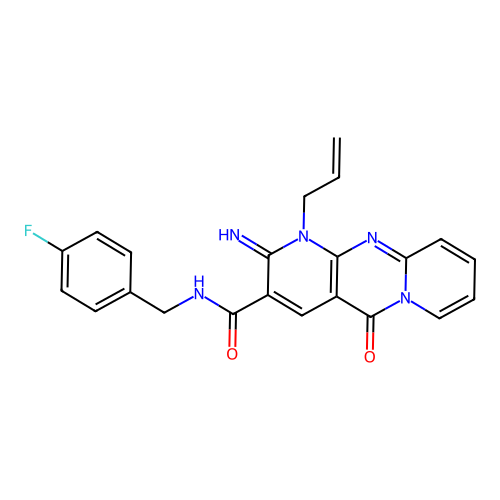 N-[(4-fluorophenyl)methyl]-6-imino-2-oxo-7-(prop-2-en-1-yl)-1,7,9-triazatricyclo[8.4.0.0^{3,8}]tetradeca-3(8),4,9,11,13-pentaene-5-carboxamide structure