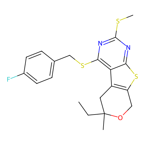 6-ethyl-4-((4-fluorobenzyl)thio)-6-methyl-2-(methylthio)-6,8-dihydro-5H-pyrano[4',3':4,5]thieno[2,3-d]pyrimidine structure