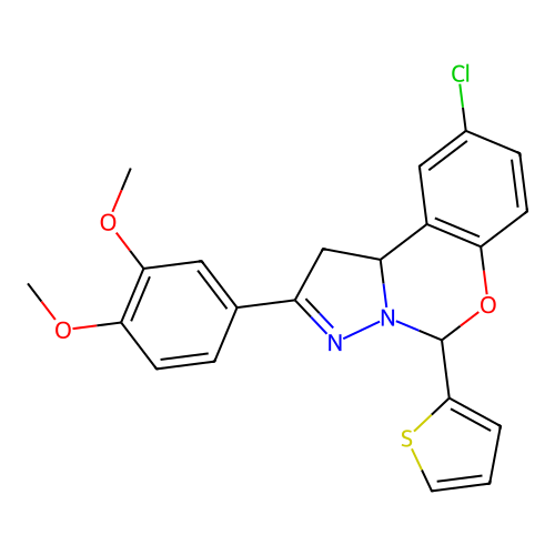 9-chloro-2-(3,4-dimethoxyphenyl)-5-(thiophen-2-yl)-1,10b-dihydropyrazolo[1,5-c][1,3]benzoxazine structure