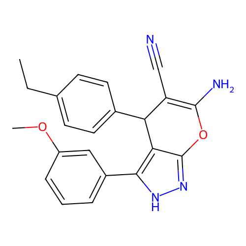 6-amino-4-(4-ethylphenyl)-3-(3-methoxyphenyl)-2,4-dihydropyrano[2,3-c]pyrazole-5-carbonitrile structure