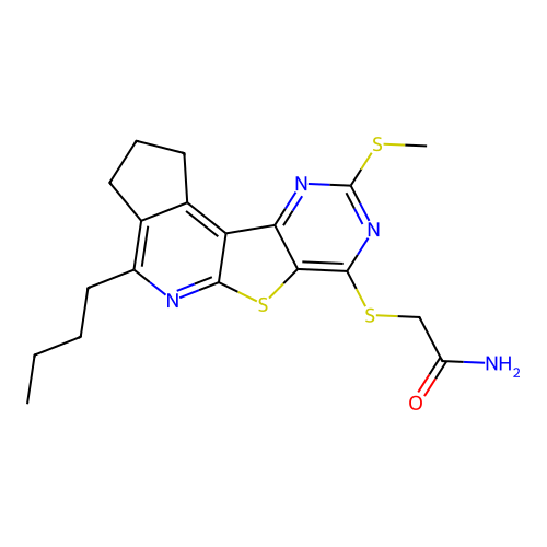 2-((4-butyl-9-(methylthio)-2,3-dihydro-1H-cyclopenta[4',5']pyrido[3',2':4,5]thieno[3,2-d]pyrimidin-7-yl)thio)acetamide structure