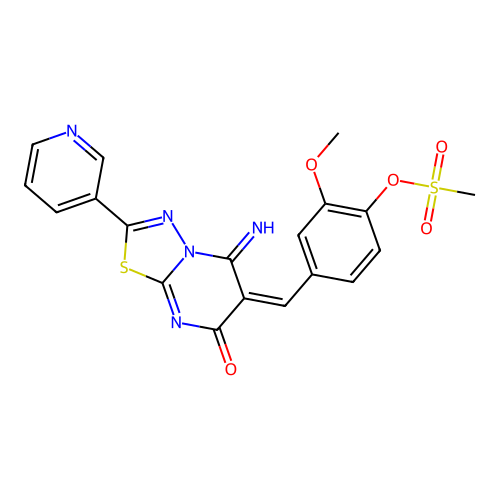 (E)-4-((5-imino-7-oxo-2-(pyridin-3-yl)-5H-[1,3,4]thiadiazolo[3,2-a]pyrimidin-6(7H)-ylidene)methyl)-2-methoxyphenyl methanesulfonate structure