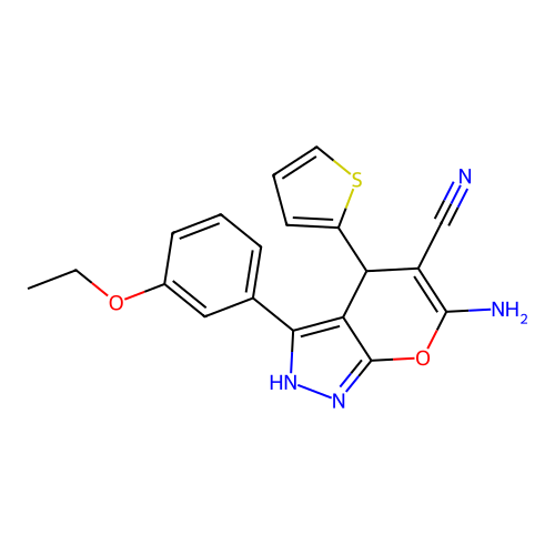 6-amino-3-(3-ethoxyphenyl)-4-(thiophen-2-yl)-1,4-dihydropyrano[2,3-c]pyrazole-5-carbonitrile structure