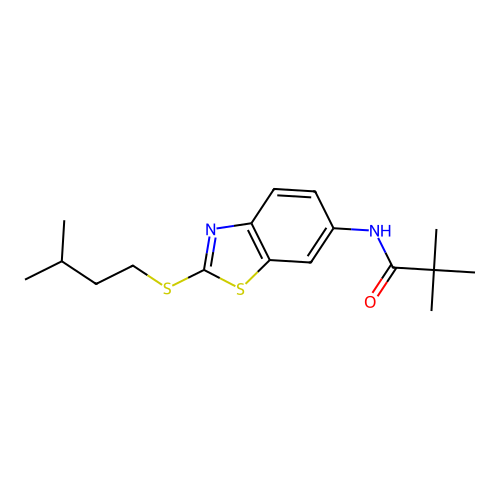 2,2-dimethyl-N-{2-[(3-methylbutyl)sulfanyl]-1,3-benzothiazol-6-yl}propanamide structure