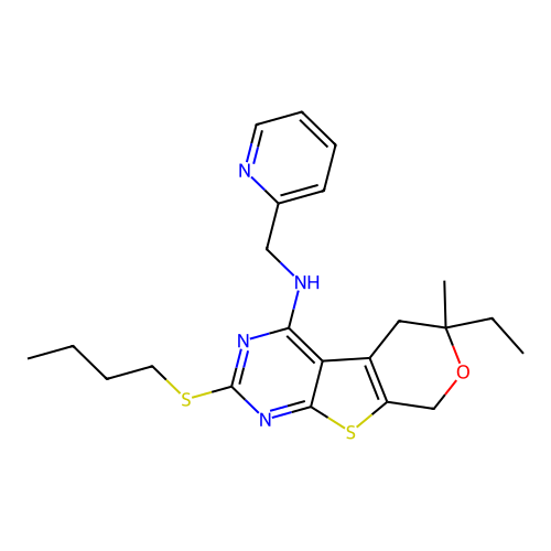 2-(butylsulfanyl)-6-ethyl-6-methyl-N-(pyridin-2-ylmethyl)-5,8-dihydro-6H-pyrano[4',3':4,5]thieno[2,3-d]pyrimidin-4-amine structure