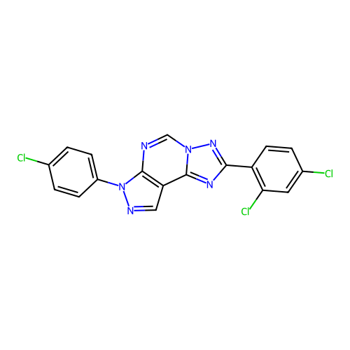 7-(4-chlorophenyl)-2-(2,4-dichlorophenyl)-7H-pyrazolo[4,3-e][1,2,4]triazolo[1,5-c]pyrimidine structure