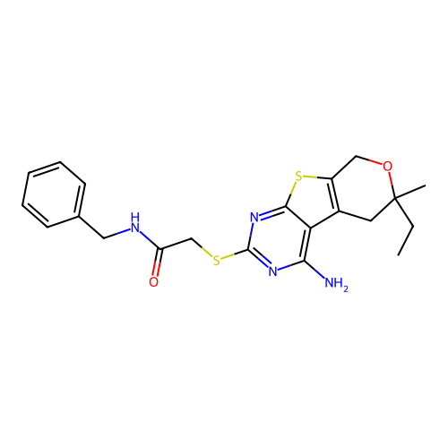 2-[(4-amino-6-ethyl-6-methyl-5,8-dihydro-6H-pyrano[4',3':4,5]thieno[2,3-d]pyrimidin-2-yl)sulfanyl]-N-benzylacetamide structure
