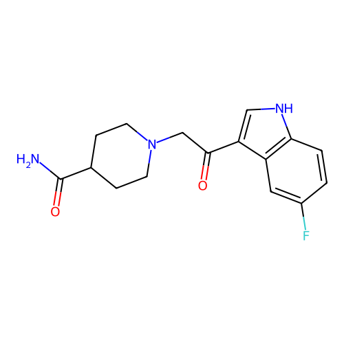 1-[2-(5-fluoro-1H-indol-3-yl)-2-oxoethyl]piperidine-4-carboxamide structure
