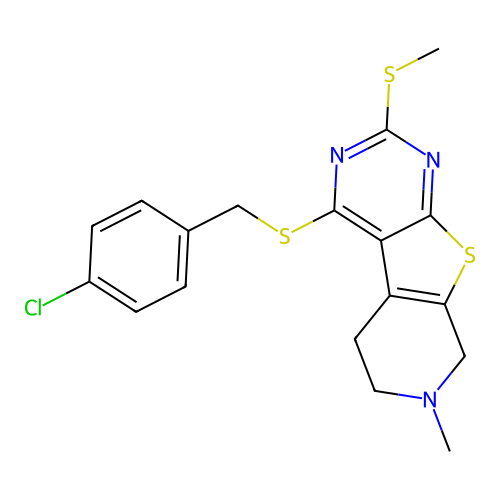 4-((4-chlorobenzyl)thio)-7-methyl-2-(methylthio)-5,6,7,8-tetrahydropyrido[4',3':4,5]thieno[2,3-d]pyrimidine structure