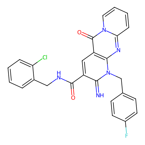 N-(2-chlorobenzyl)-1-(4-fluorobenzyl)-2-imino-5-oxo-1,5-dihydro-2H-dipyrido[1,2-a:2',3'-d]pyrimidine-3-carboxamide structure